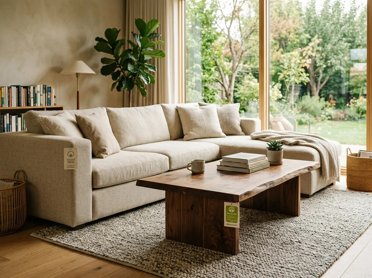 Pottery Barn style living room sofa and wooden coffee table in neutral tones