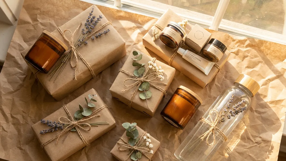 Wrapped gifts with natural materials alongside non-toxic candles, skincare, and kitchen items