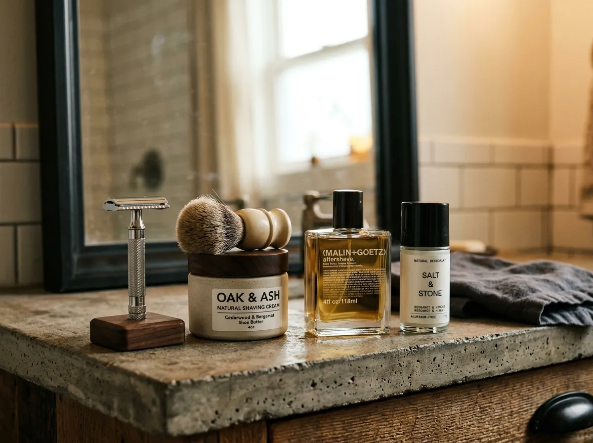 Non-toxic men's grooming products arranged on a bathroom shelf