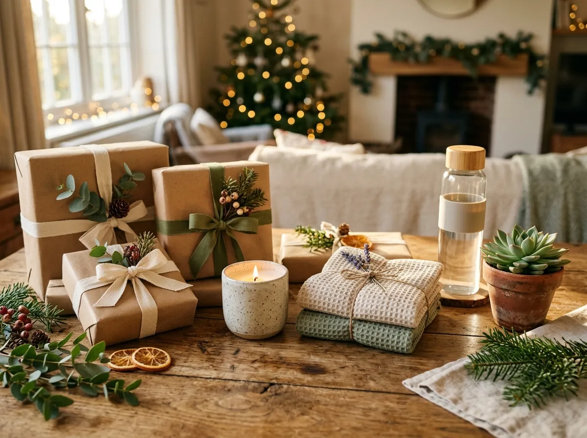 Curated collection of non-toxic holiday gifts wrapped in sustainable packaging