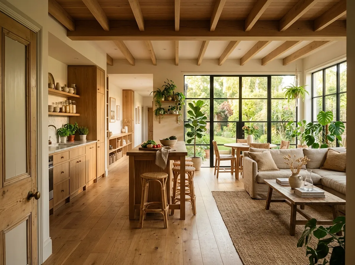 Bright modern home interior with natural materials and clean design