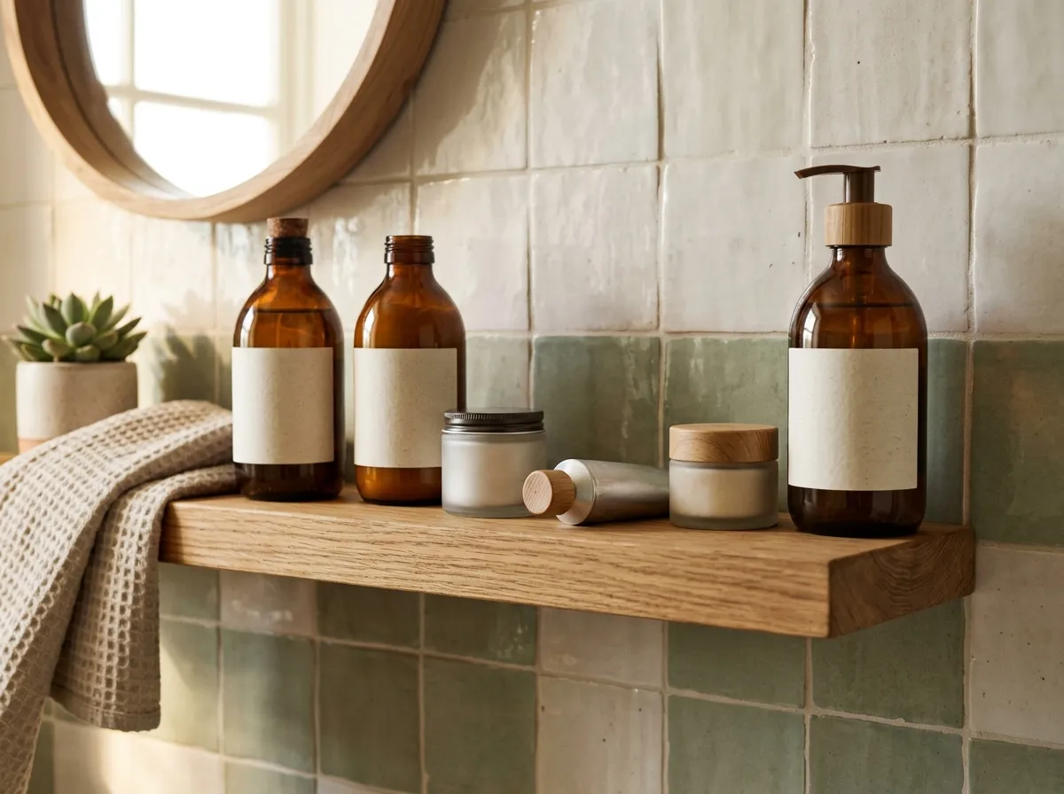 Clean personal care products arranged on a bathroom shelf