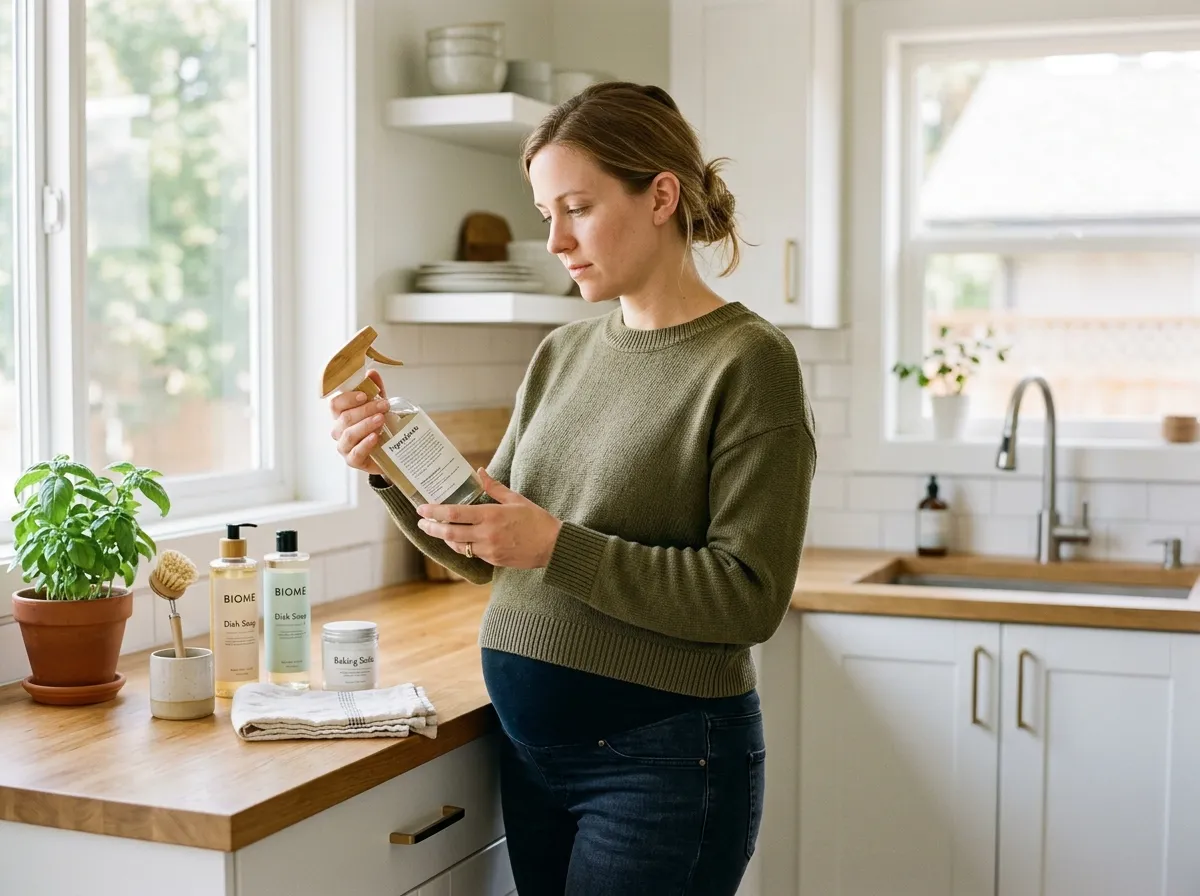 Pregnant woman reading product labels in a bright, clean nursery setting