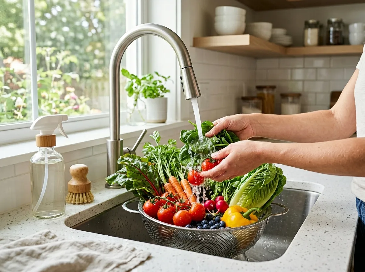 Fresh fruits and vegetables being washed under running water in a kitchen