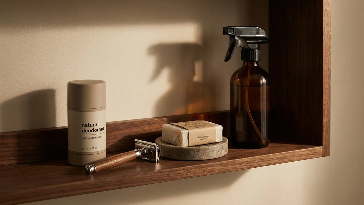Stainless steel razor, glass spray bottle, and cast iron skillet arranged on a wooden surface