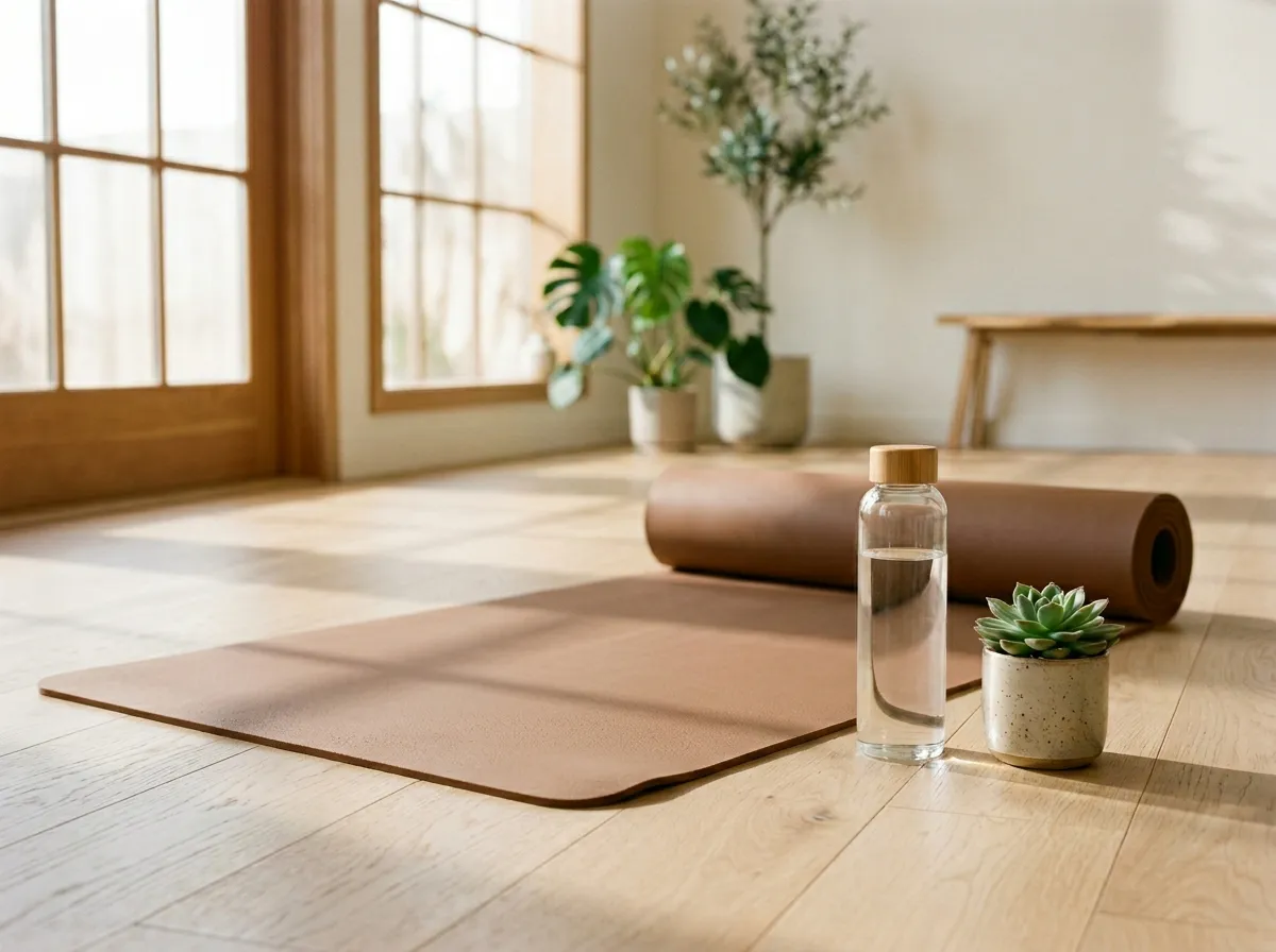 Natural rubber yoga mat rolled up on a hardwood floor