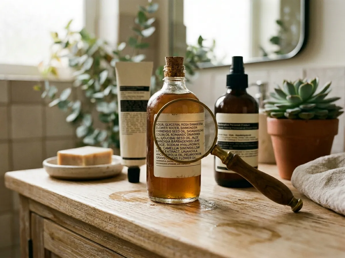 Personal care products with ingredient labels showing paraben content