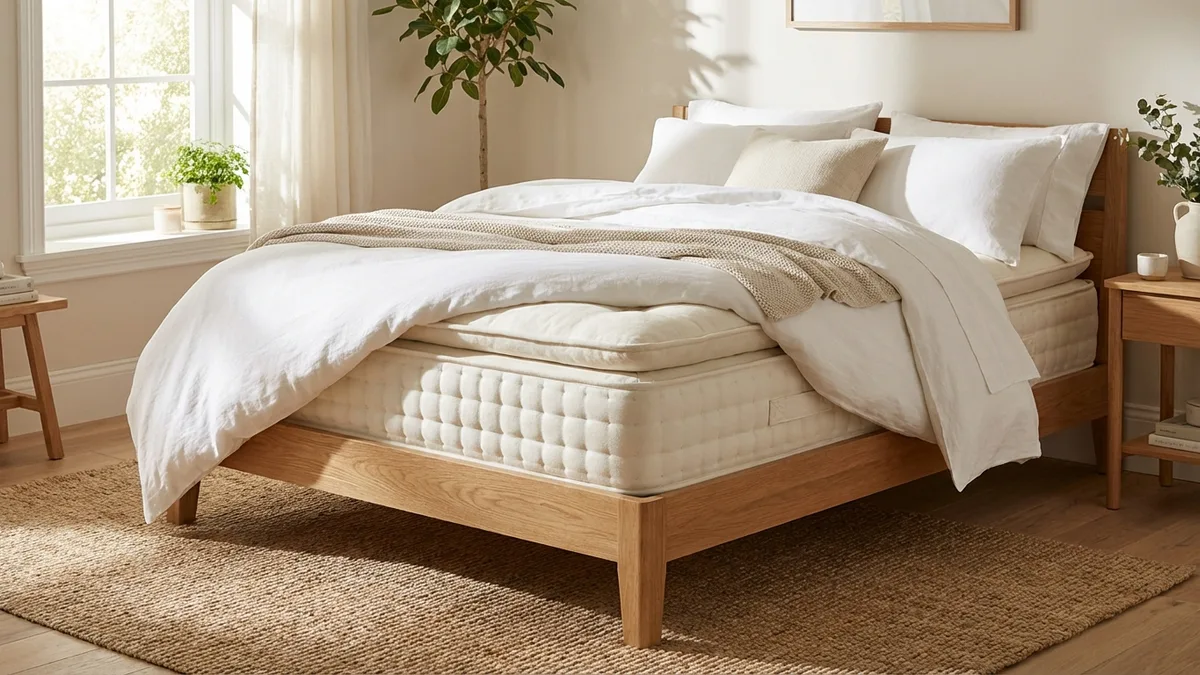Saatva Zenhaven latex mattress with organic cotton cover in a minimalist bedroom with linen bedding