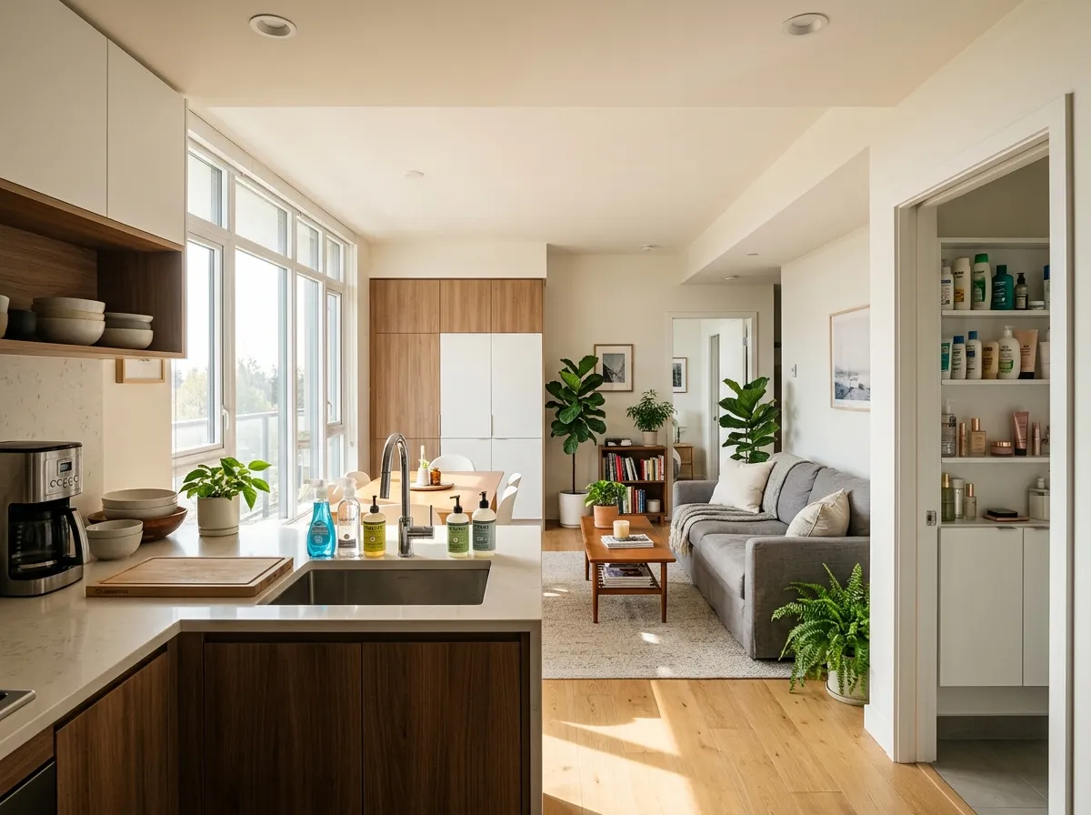 Household products containing hidden toxic chemicals lined up on a counter