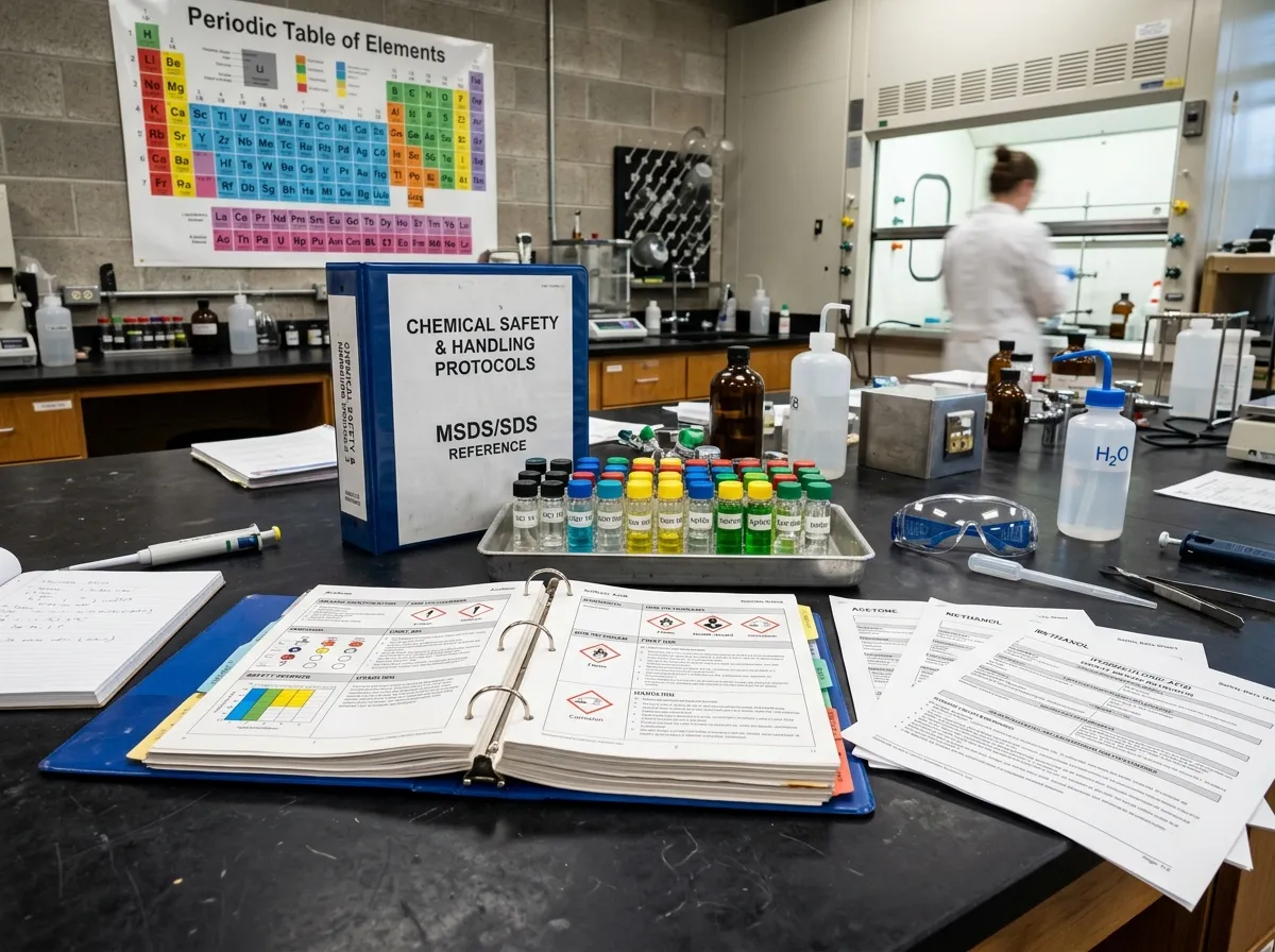 Alphabetical index cards with chemical names alongside household product bottles and ingredient labels