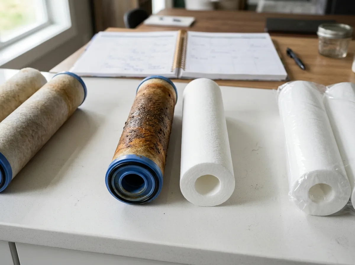 Used and new water filter cartridges side by side showing discoloration
