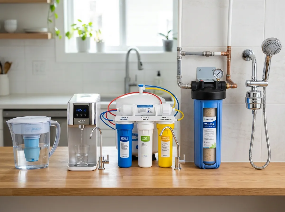 Different types of home water filtration systems arranged for comparison