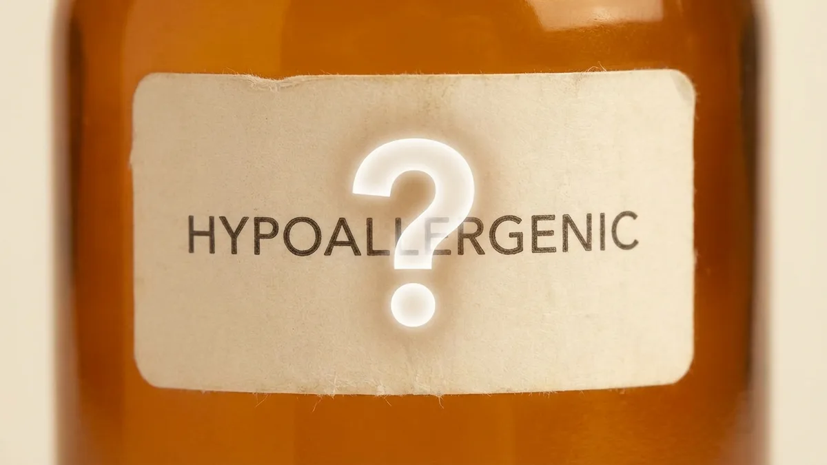 Product labels showing terms like hypoallergenic natural and clean arranged on a table