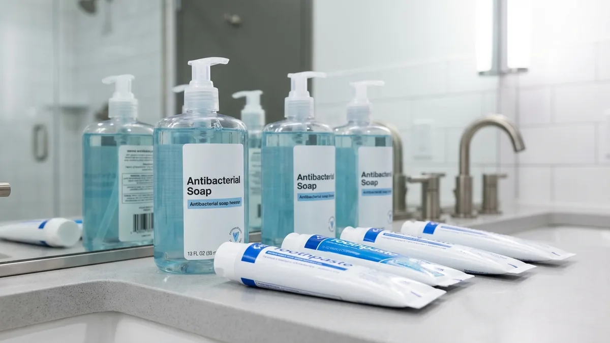 Bathroom counter with toothpaste tube and antibacterial soap bottle